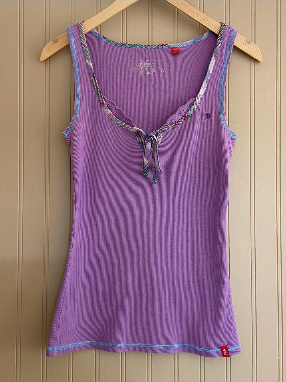 Vintage Y2K EDC by Esprit Purple Ribbed Cotton Tank Top with Plaid Women Medium